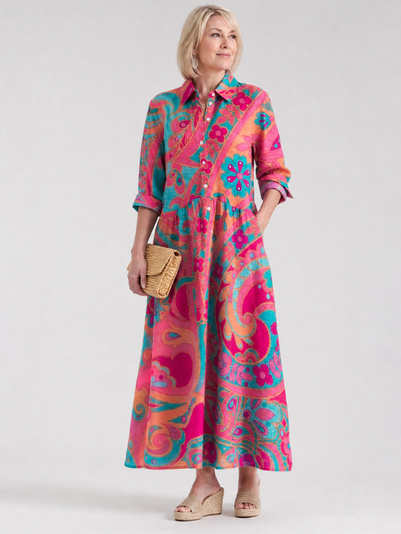 Women's Printed Button Front Collared Midi Dress – Casual Polished Daywear