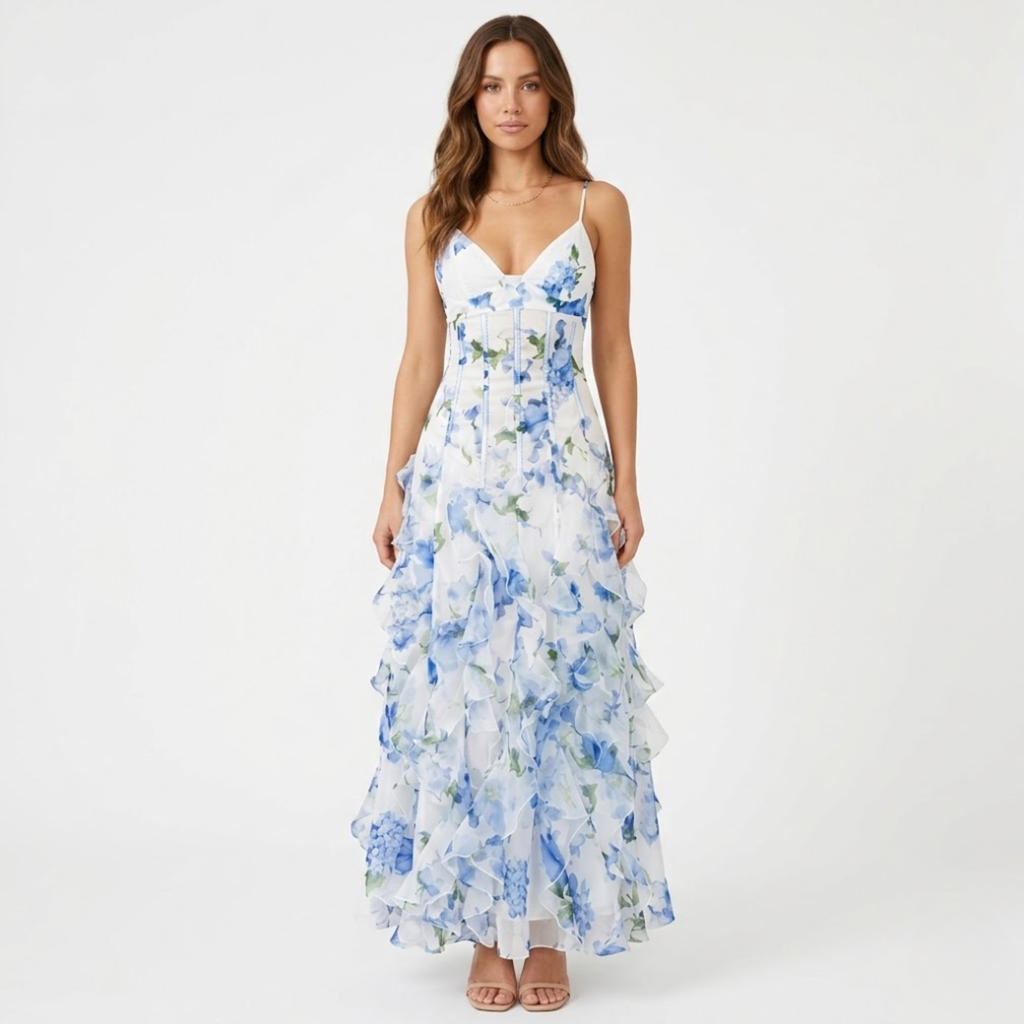 Women's Floral Corset Maxi Dress – Ruffle Trim Strap Summer Dress