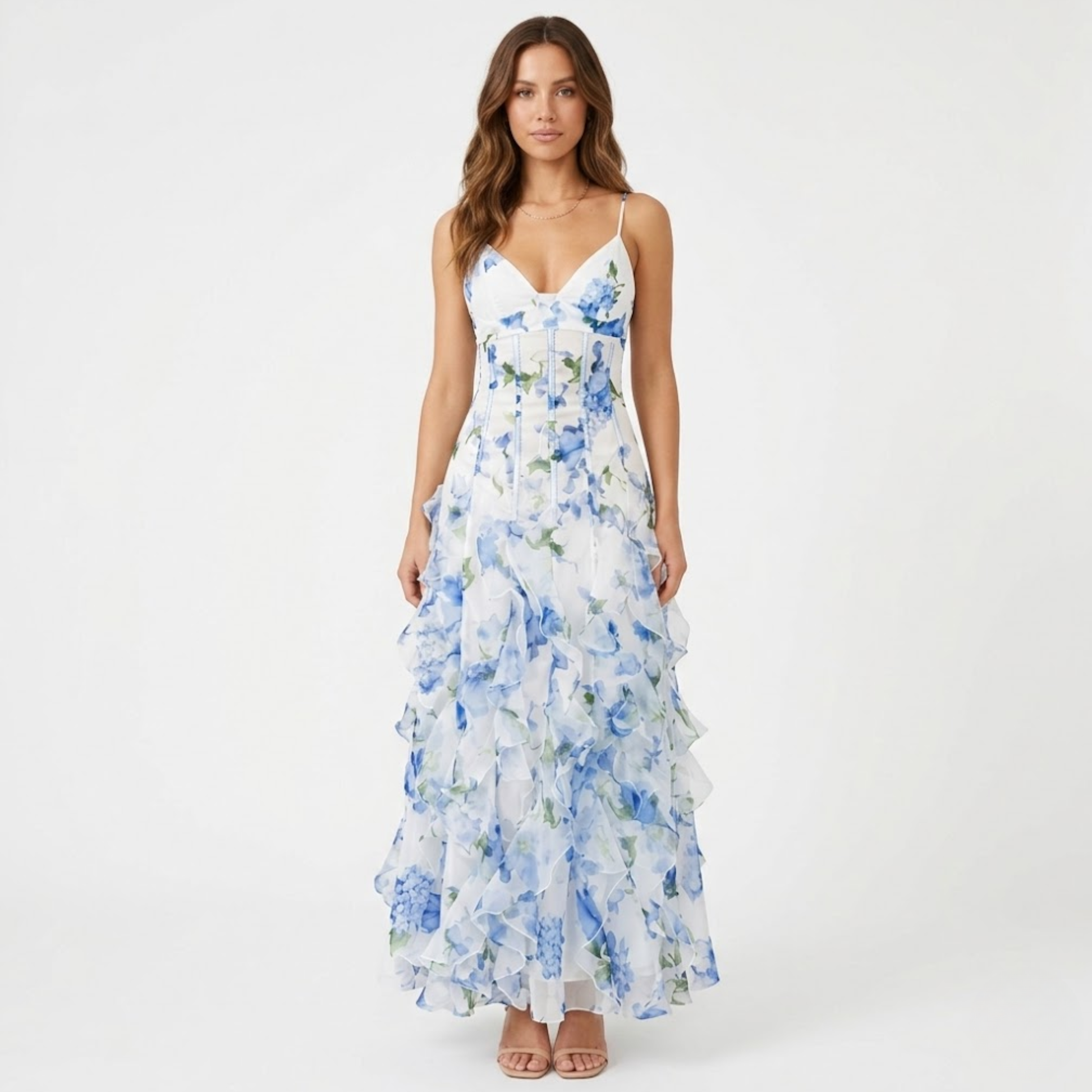 Women's Floral Corset Maxi Dress – Ruffle Trim Strap Summer Dress