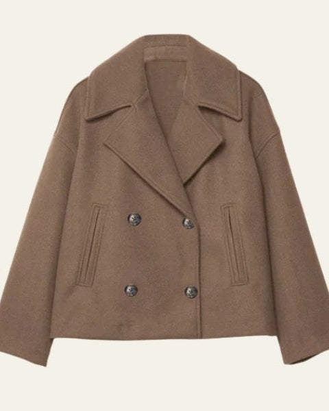 Women's Short Wool-Blend Double-Breasted Coat - Clean Modern Layer