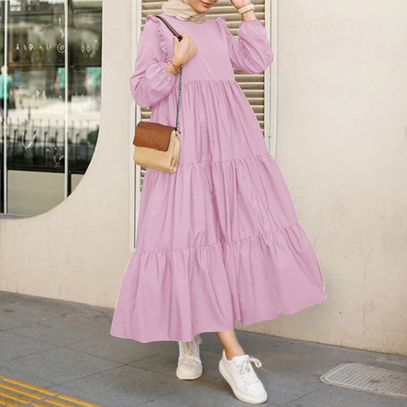 Women's Long Sleeve Midi Dress – Elegant Round Neck Day Dress