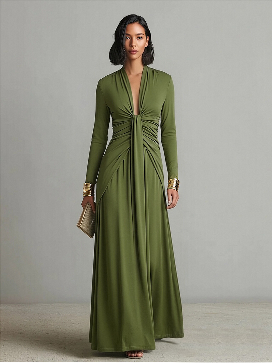 Women's Olive Silk Maxi Dress – Deep V-Neck Elegant Occasion Style