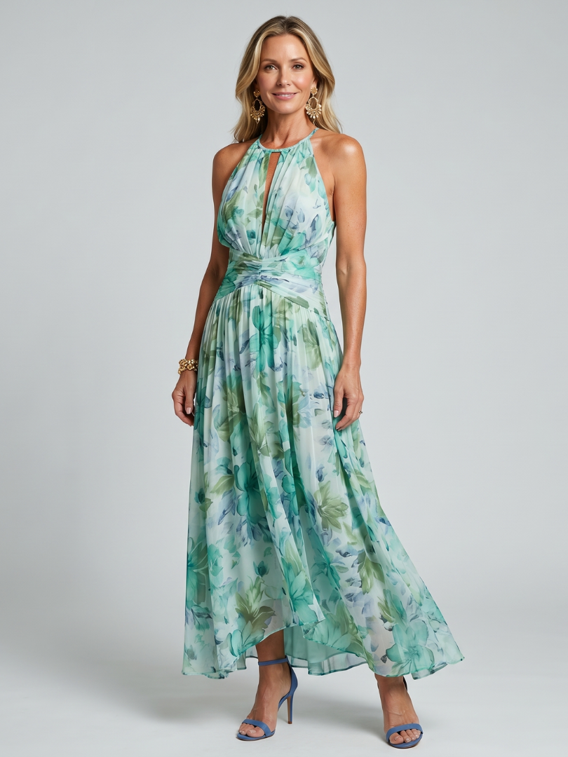 Women's Pleated Halter Soft Floral Pattern Midi Dress - Feminine Occasion Shape