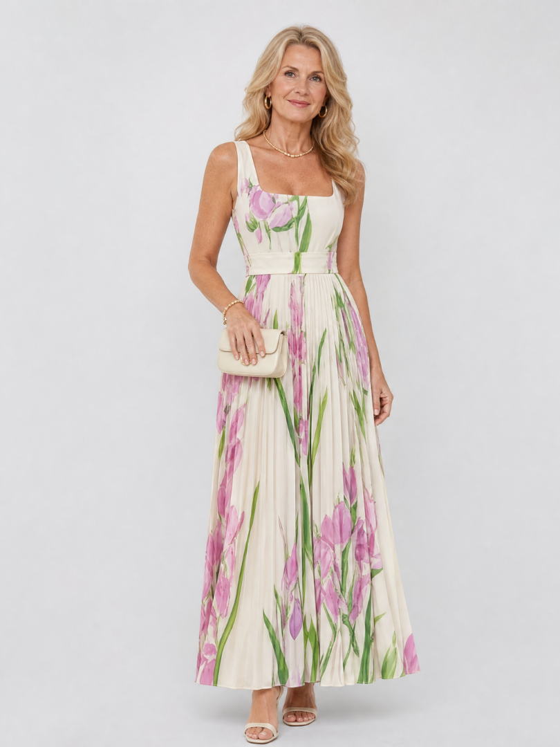 Women's Pleated Sleeveless Square Neck Midi Dress – Elegant Summer Daywear