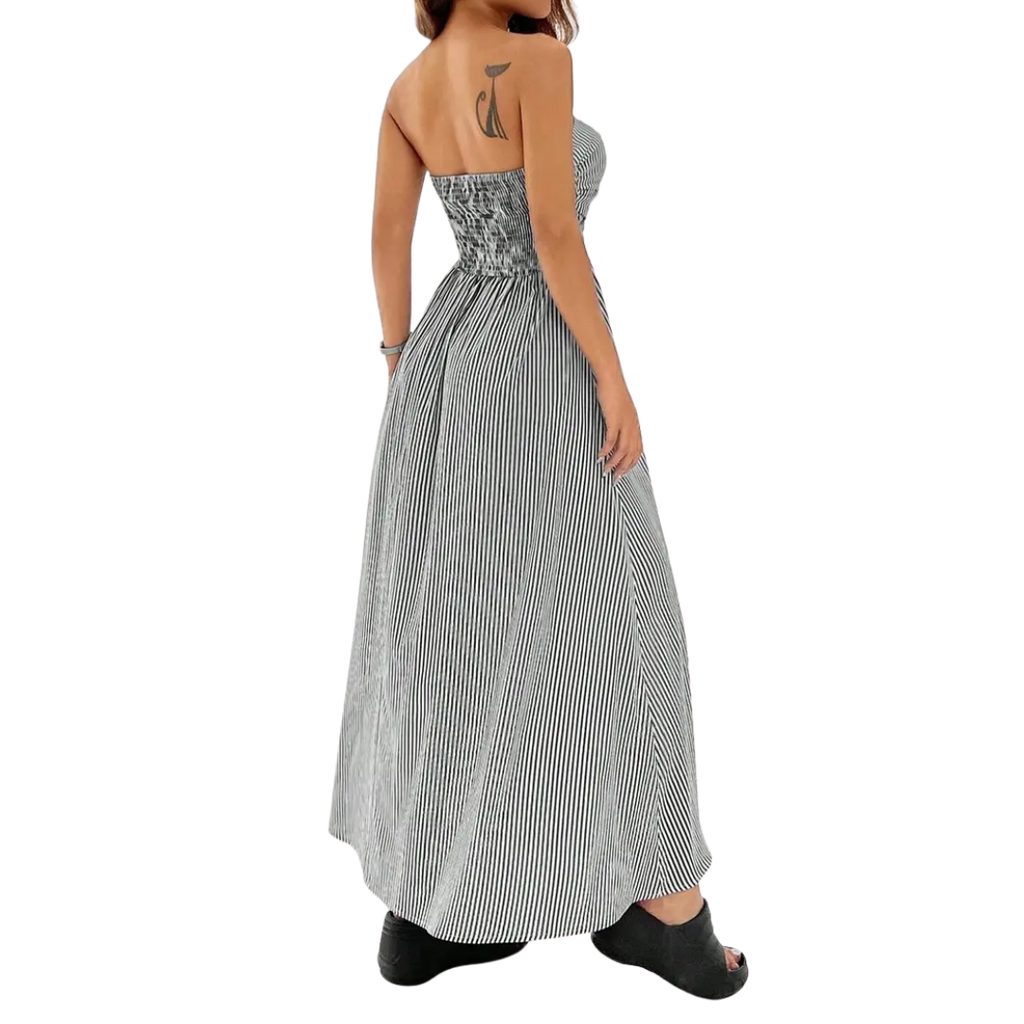 Women's Striped Strapless Maxi Dress with Pockets - Easy Holiday Daywear