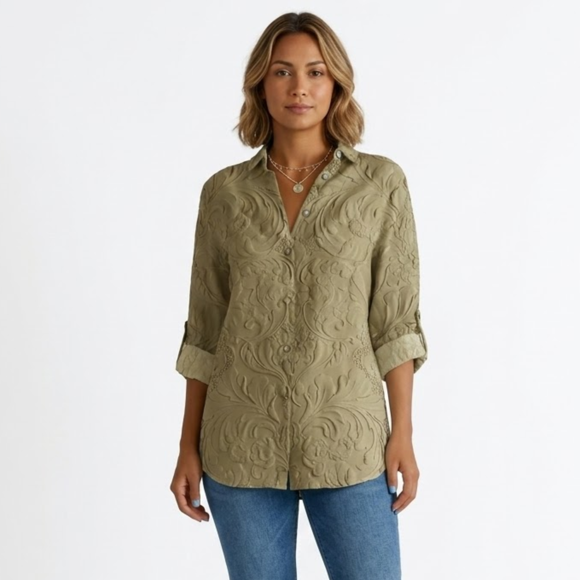 Women's Floral Cotton Shirt – Classic Collar 3/4 Sleeve Casual Blouse