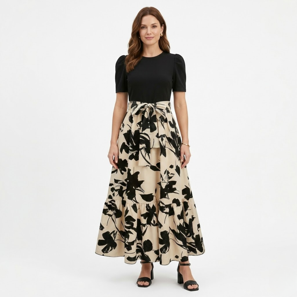 Women's Floral A-Line Maxi Dress – Puff Sleeve Belted Summer Dress