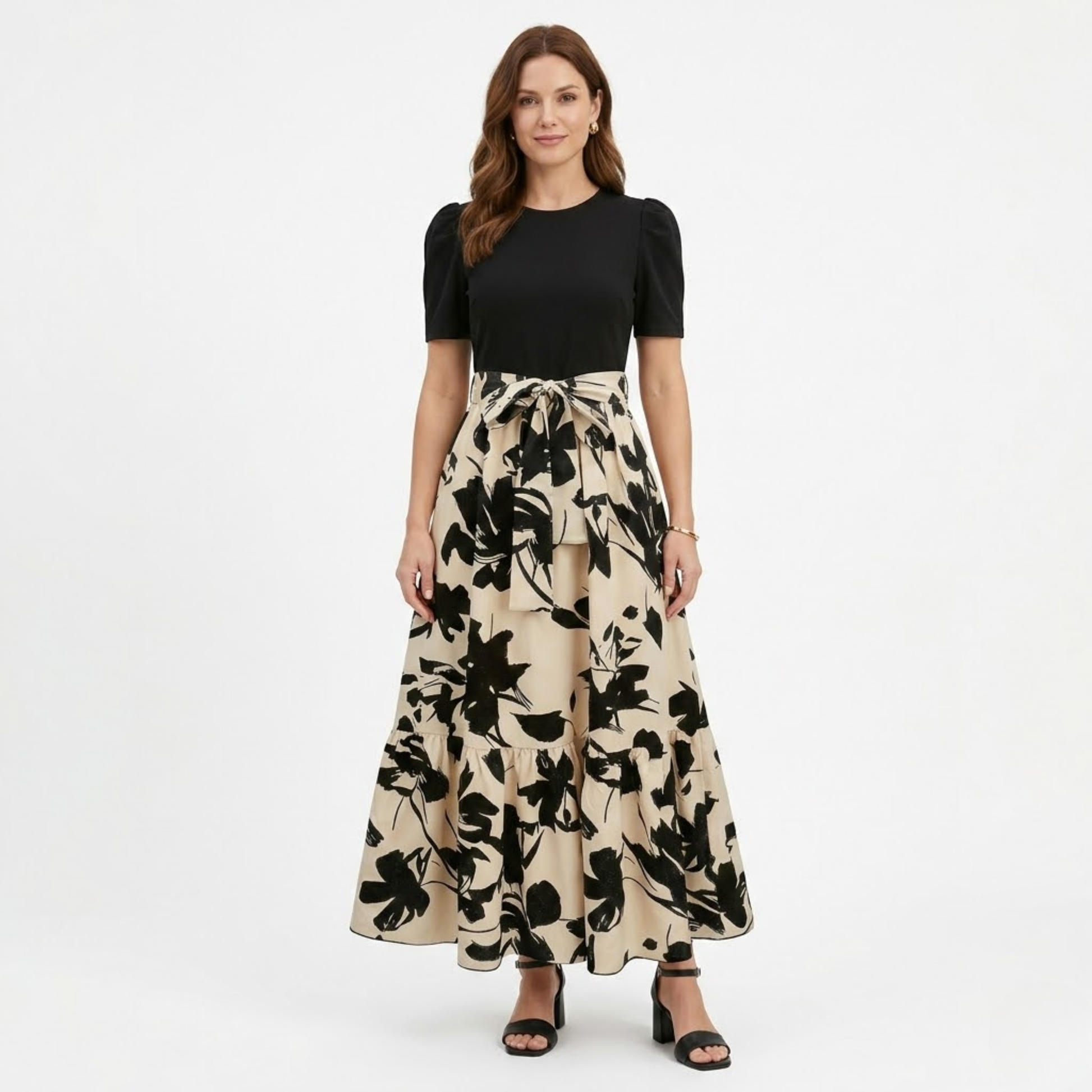 Women's Floral A-Line Maxi Dress – Puff Sleeve Belted Summer Dress