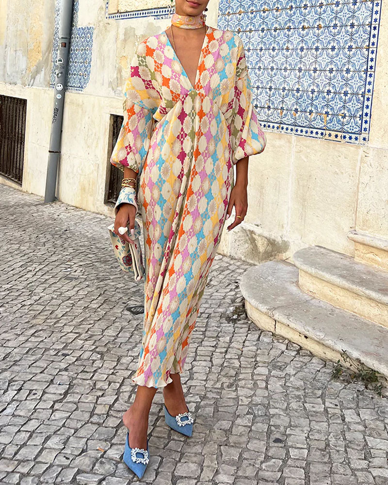 Women's Blouson Maxi Dress - Long Sleeve Printed Occasion Dress