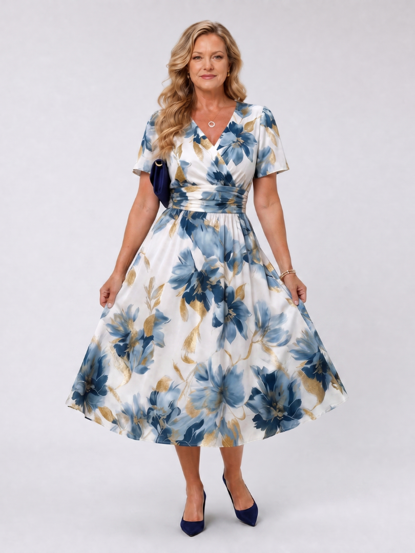Women's Floral Wrap Midi Dress – Short Sleeve Feminine Summer Style