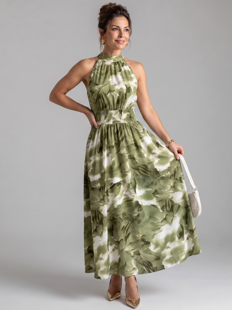 Women's Gathered Waist Abstract Print Midi Dress - Easy Polished Day Style