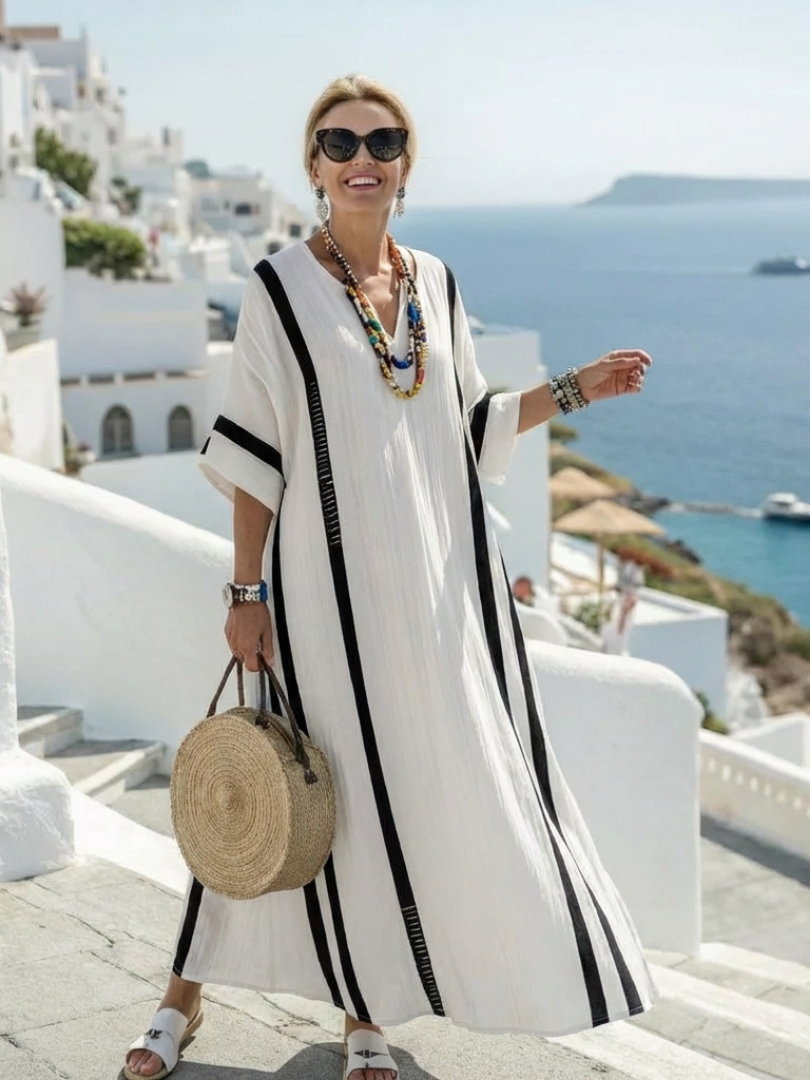 Women's Short Sleeve Color Block Striped Maxi Dress – Relaxed Flowy Summer Dress