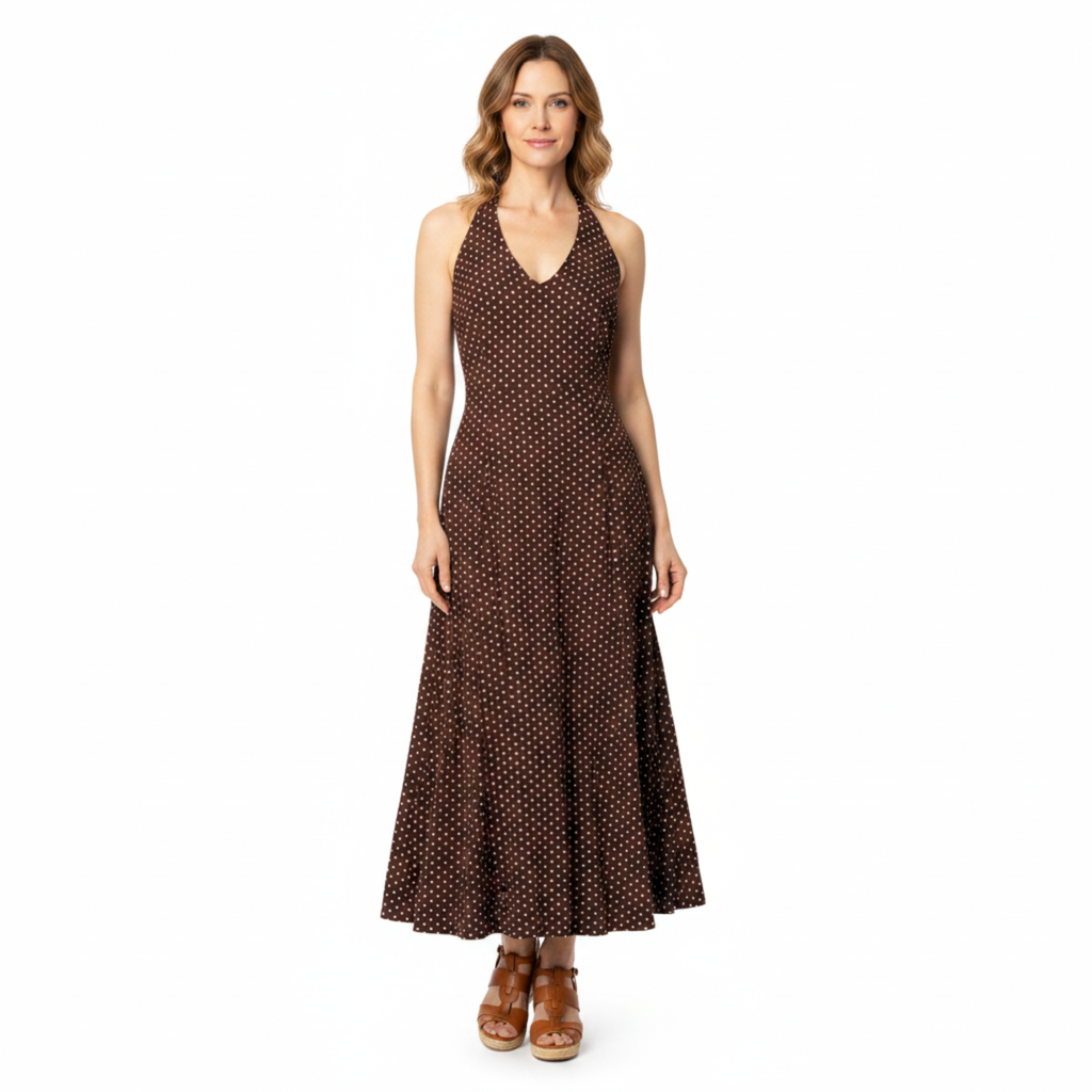 Women's Polka Dot Halter Maxi Dress – Plunging V-Neck Summer Dress