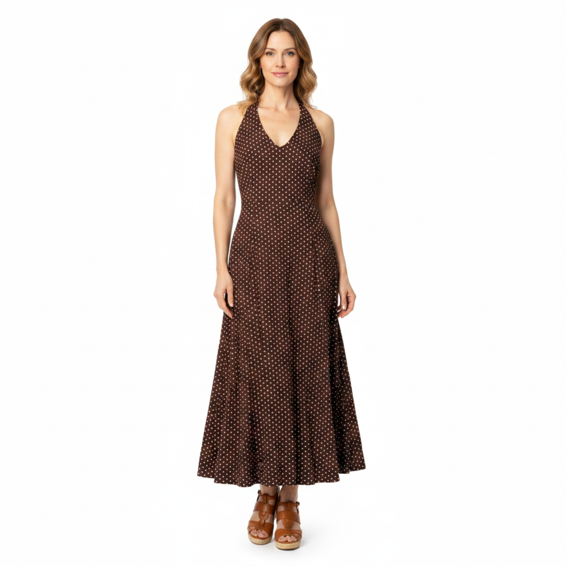 Women's Polka Dot Halter Maxi Dress – Plunging V-Neck Summer Dress