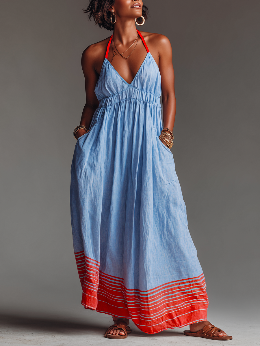 Women's Halter Maxi Dress with Striped Hem and Pockets – Relaxed Vacation Style