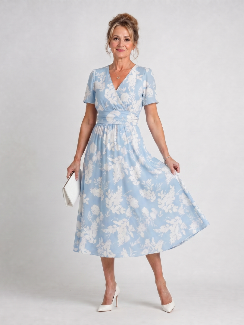 Women's Floral V-Neck Midi Dress – Short Sleeve Soft Summer Style