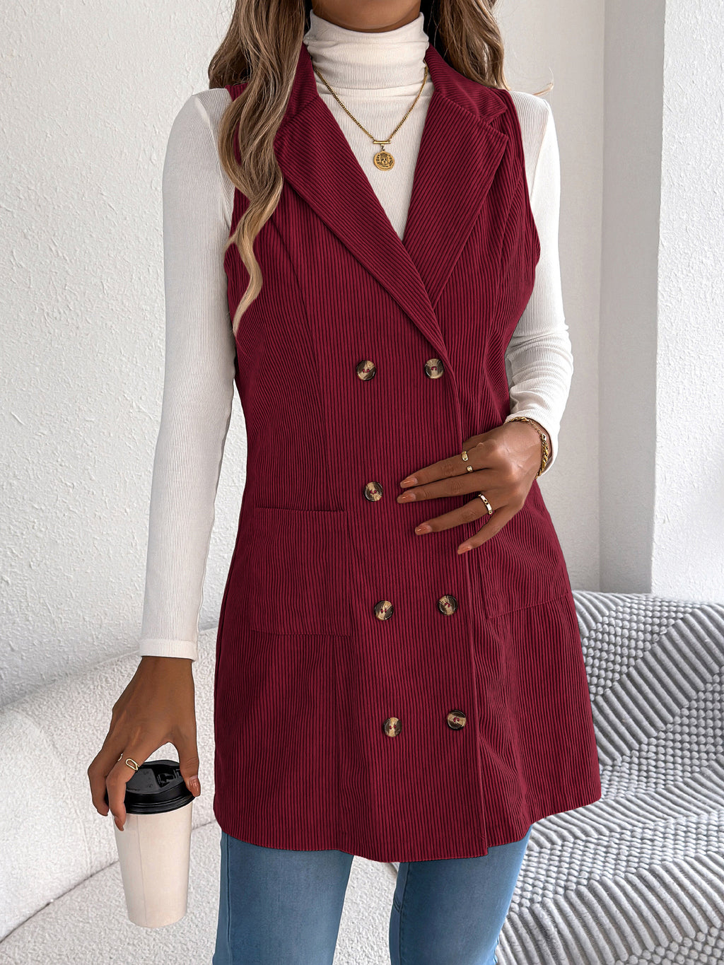 Women’s Solid Color Corduroy Long Vest Jacket – Double-Breasted Pocket Casual Layering Style