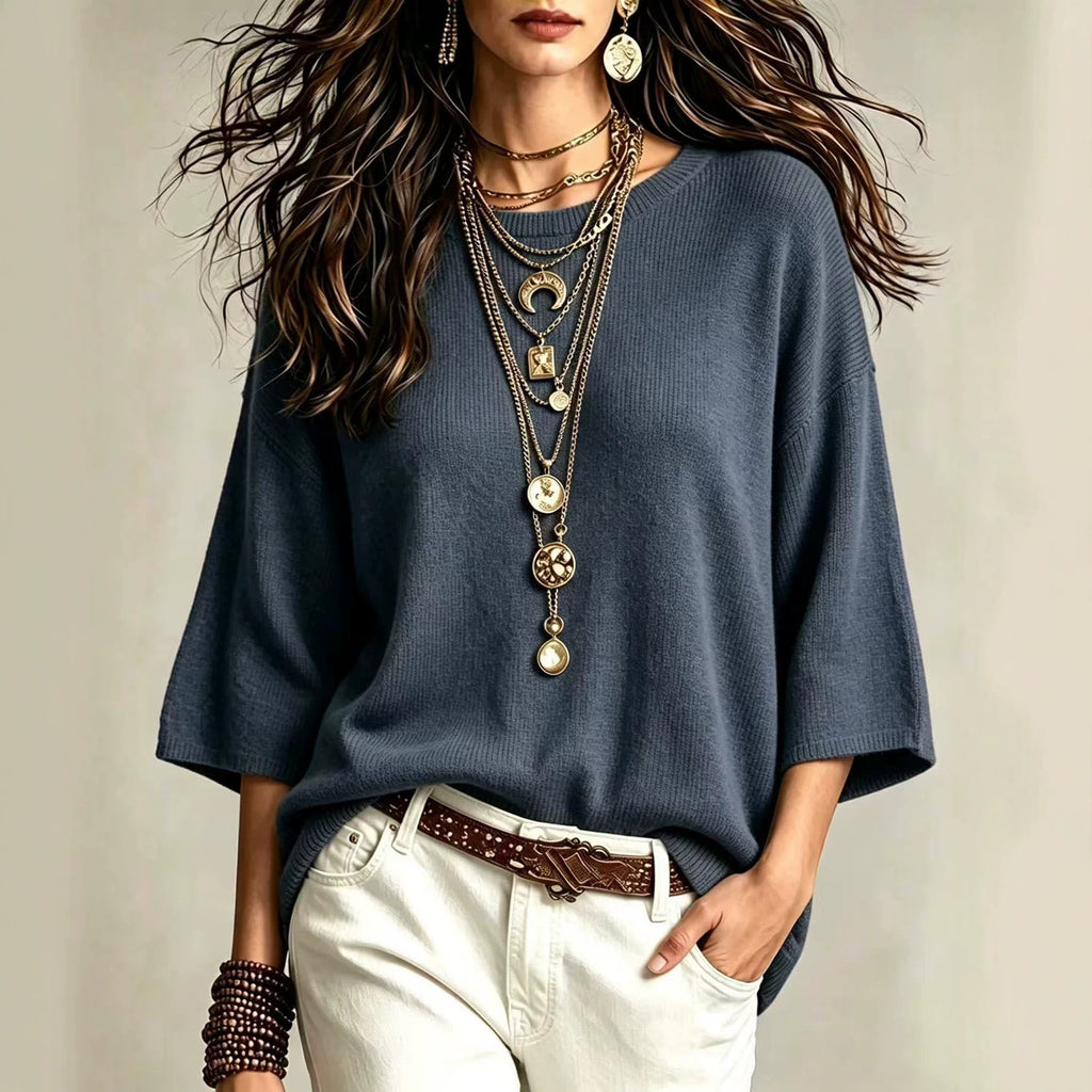 Women's Relaxed Sweater - Wide Sleeves and Crew Neck
