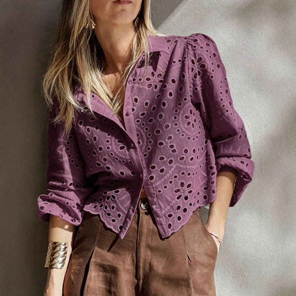 Women's Embroidered Short Shirt - Relaxed Hollow-Out Casual Blouse