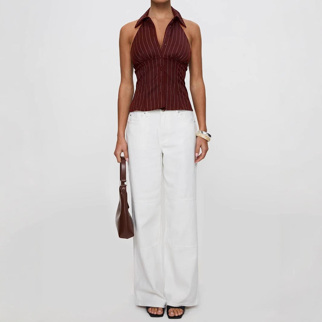 Women’s Striped Slim-Fit Sleeveless Shirt – Distressed Casual Summer Style