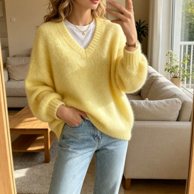 Loose V-Neck Knit Sweater - Soft and Relaxed