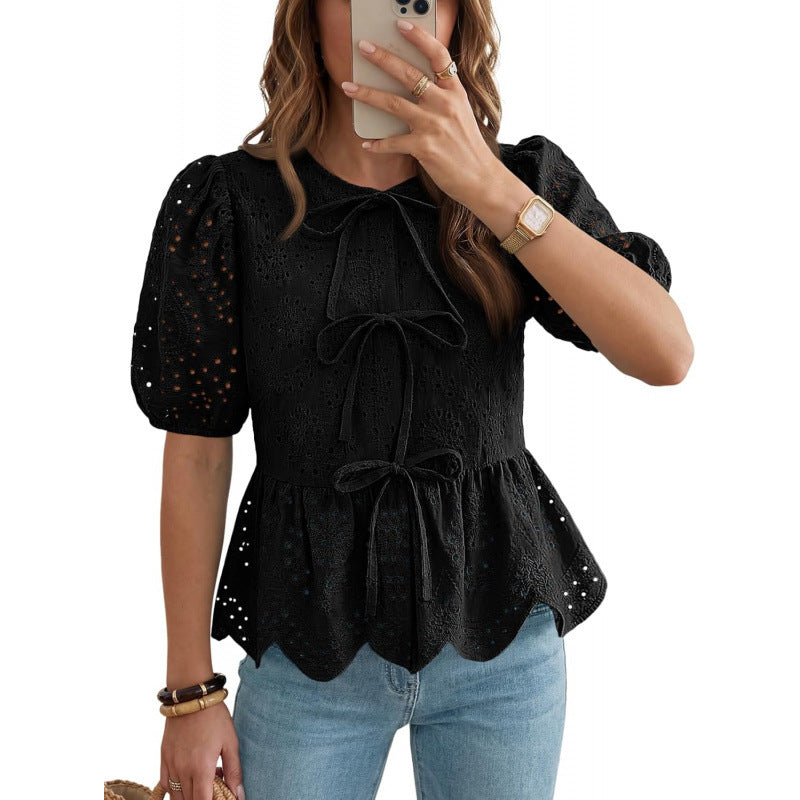 Women's Ruffle-Trim Puff-Sleeve Blouse with Tie Belt – Elegant Feminine Daywear