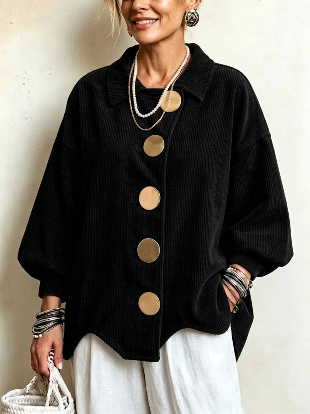 Corduroy Metal-Button Jacket - Relaxed and Structured