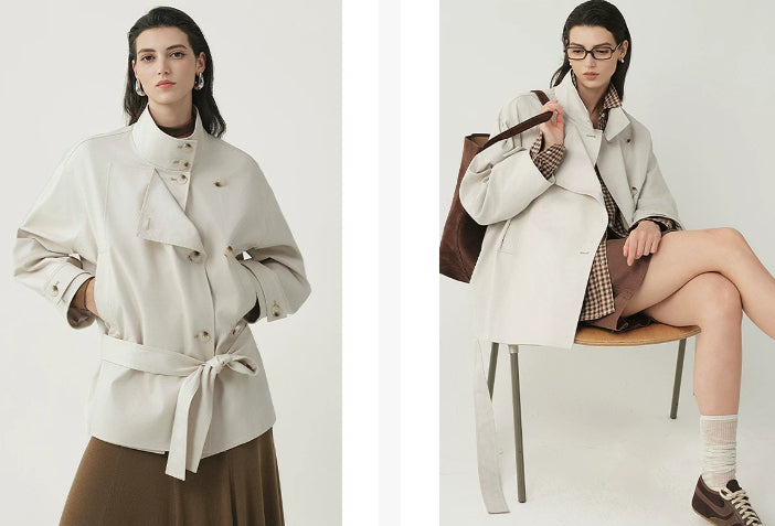 Women’s Double-Breasted Stand Collar Jacket – Tailored Petite Designer Style