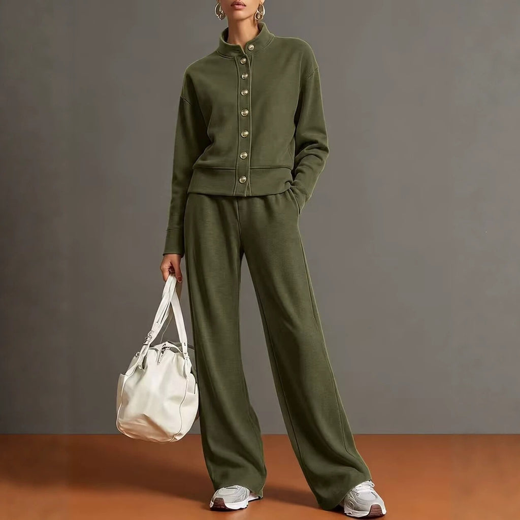 Stand-Collar Cardigan and Wide-Leg Pants Set - Polished and Comfortable