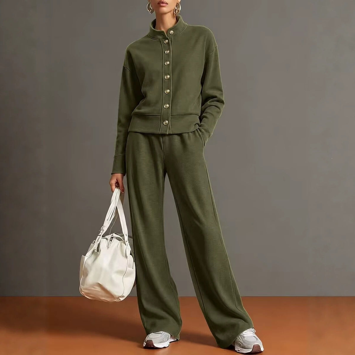 Stand-Collar Cardigan and Wide-Leg Pants Set - Polished and Comfortable