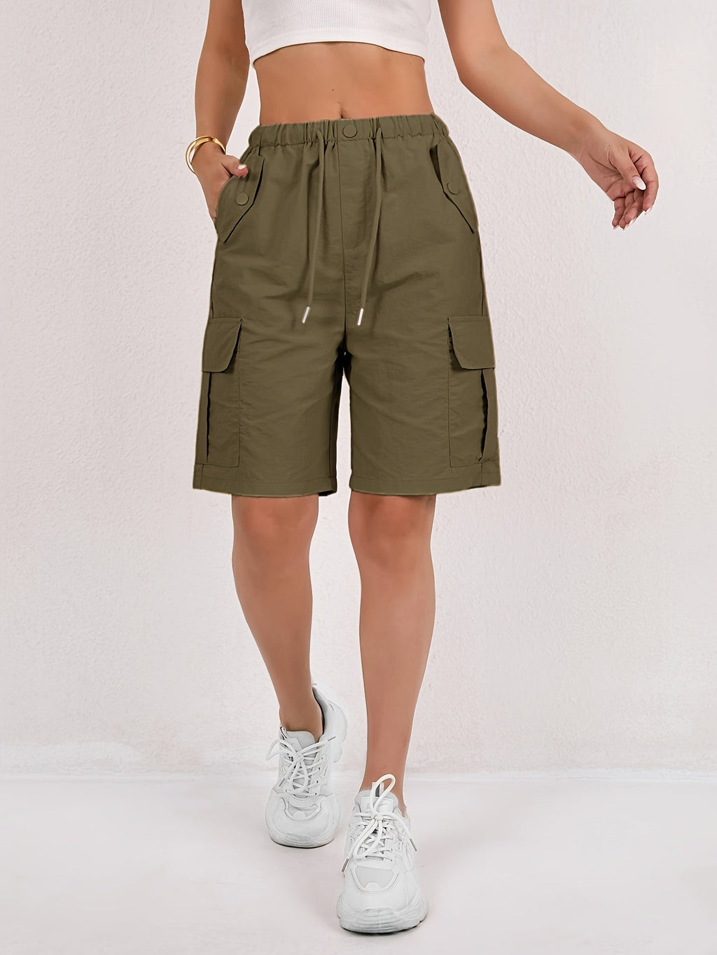 Women's Pink High-Waisted Drawstring Cargo Bermuda Shorts