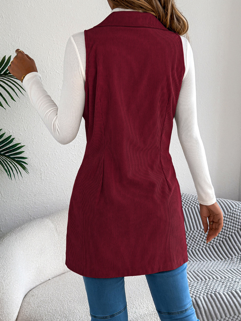 Women’s Solid Color Corduroy Long Vest Jacket – Double-Breasted Pocket Casual Layering Style