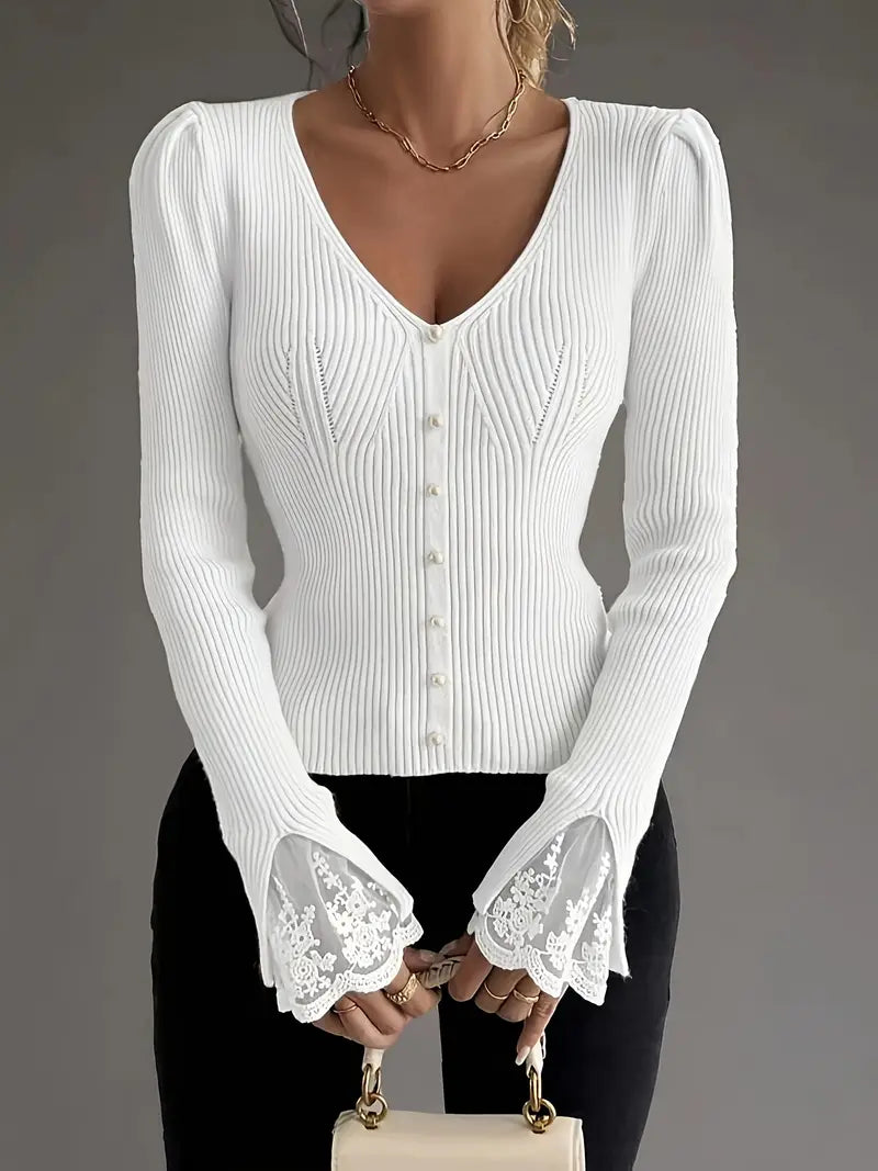 Women’s V-Neck Ribbed Sweater – Cozy Casual Elegant Layering Style