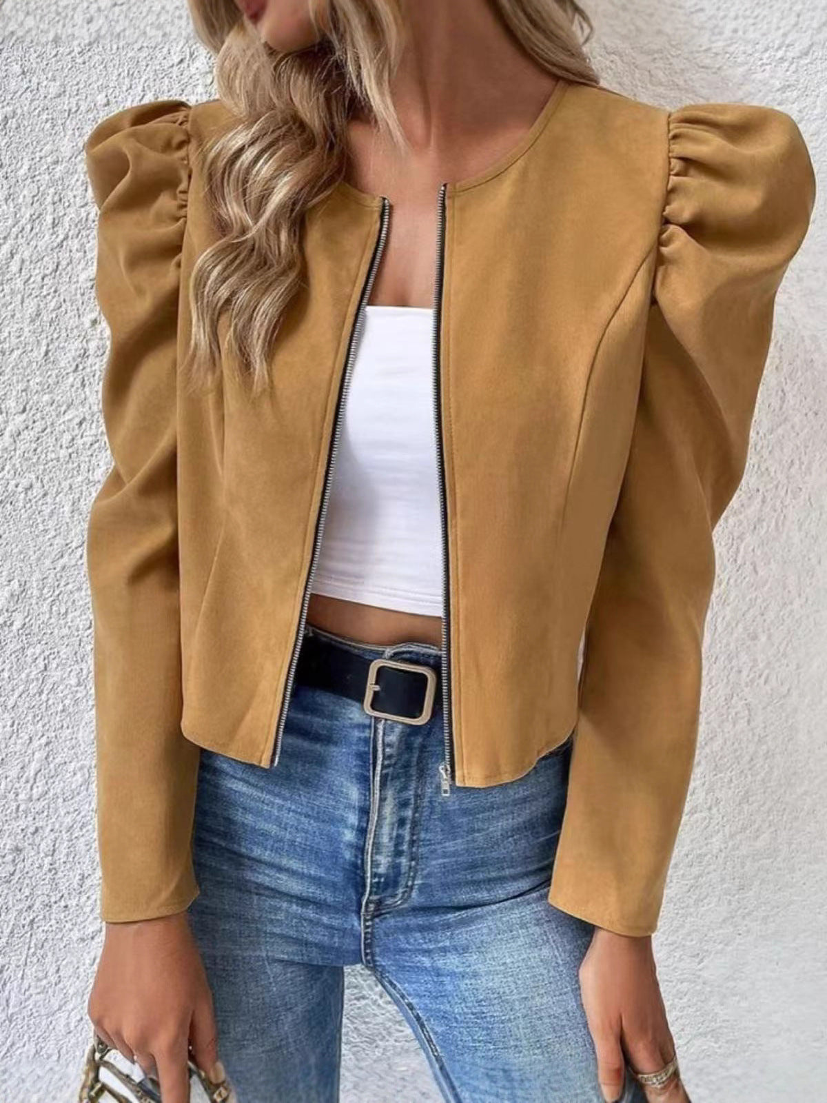 Women's Cardigan - Round Neck, Zip Closure and Puff Sleeves