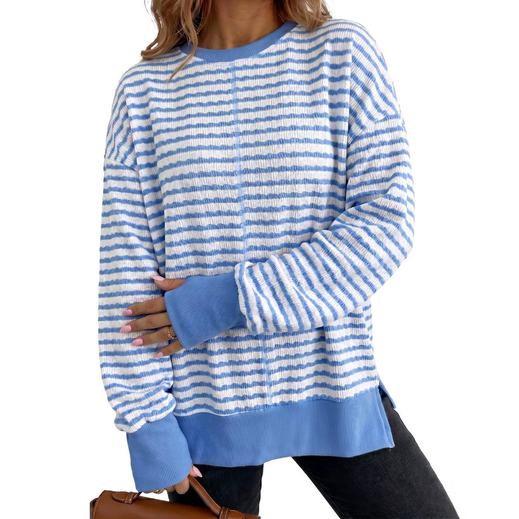 Side-Slit Striped Pullover Top - Casual and Relaxed