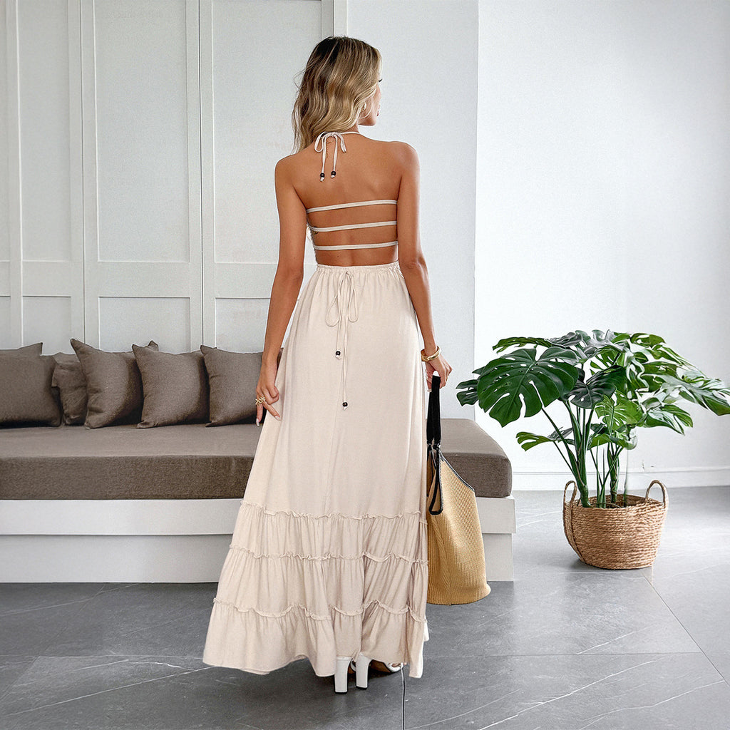 Women's Tiered Maxi Dress - Halter Neck Flowy Occasion Dress
