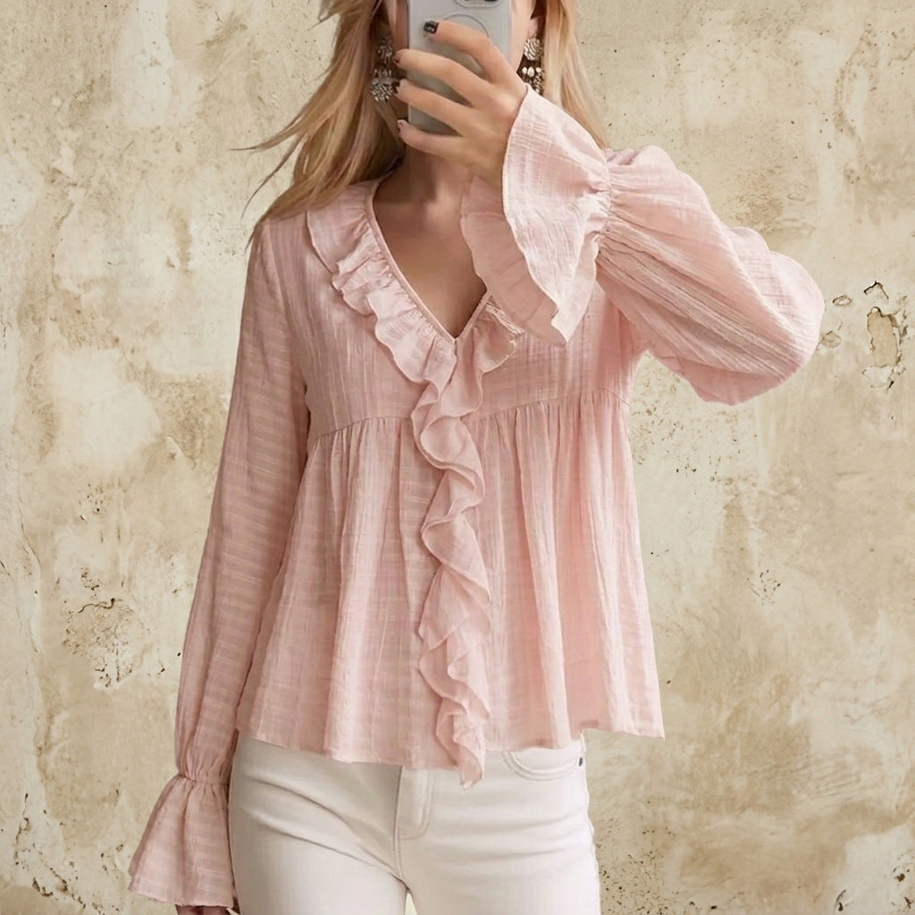 Ruffled Flared-Sleeve Blouse - Sweet and Feminine