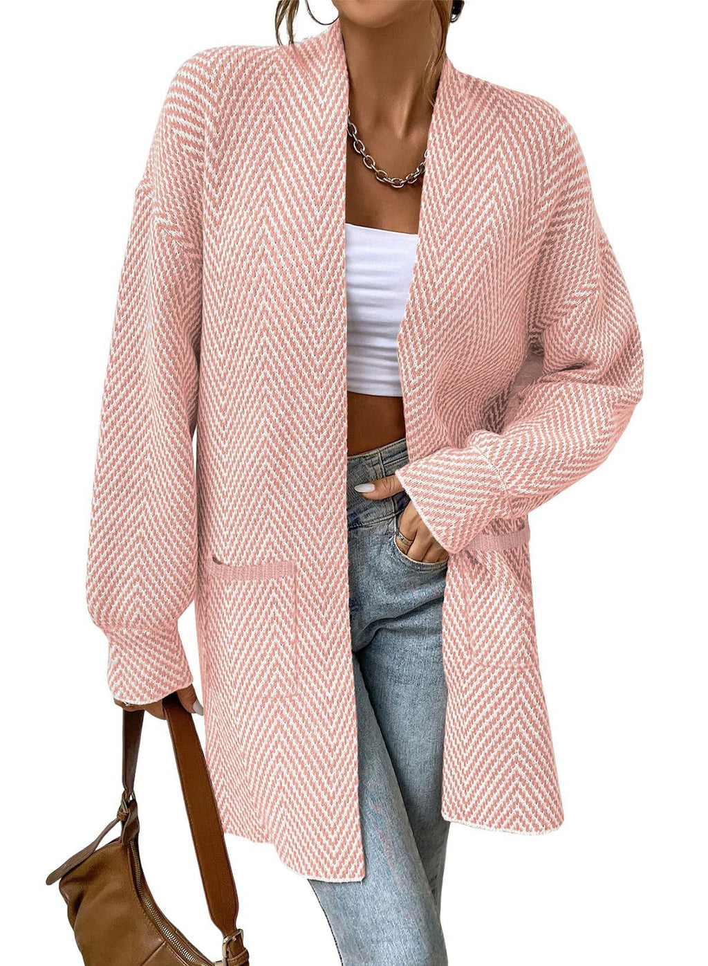 Pocket Long-Sleeve Knit Sweater - Loose and Casual