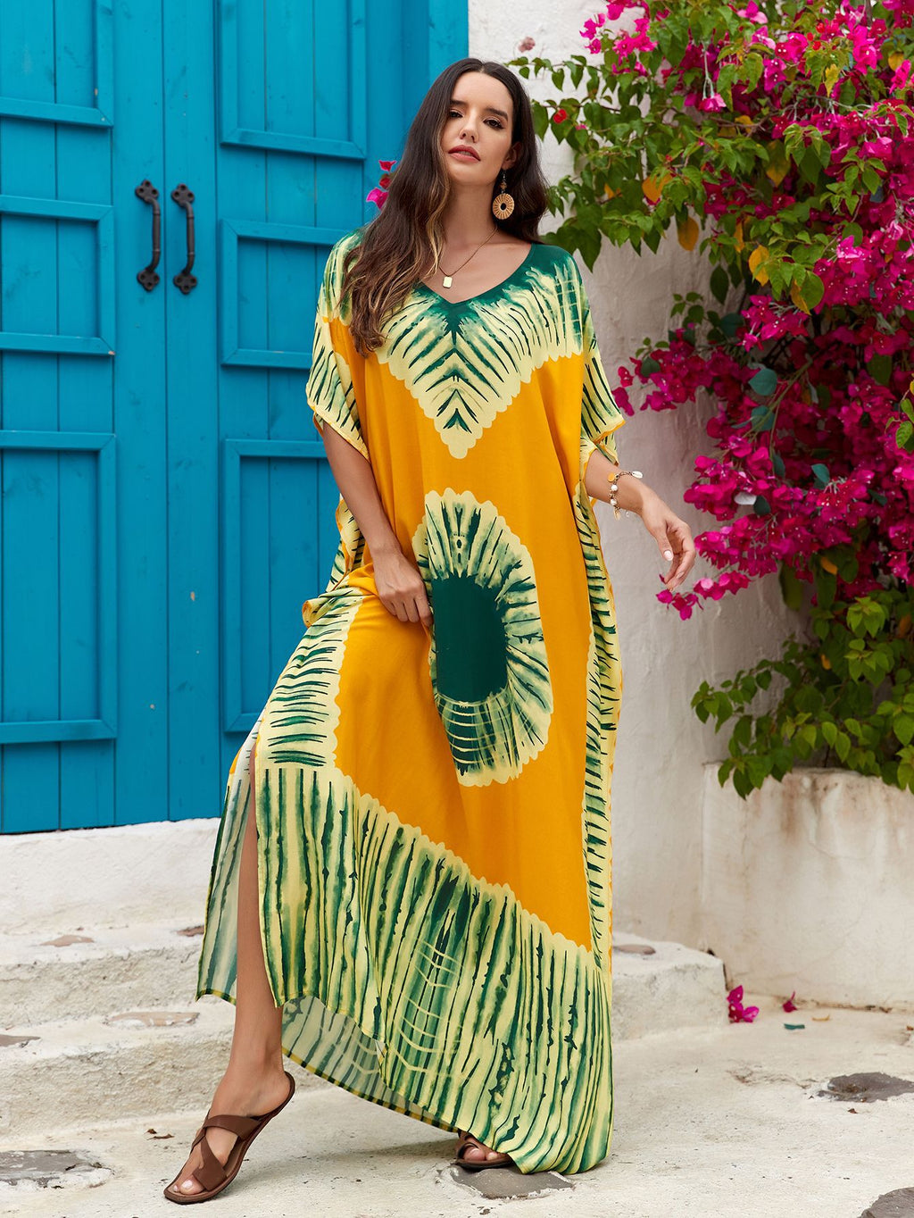 Women's Printed V-Neck Maxi Holiday Dress - Relaxed One Size Daywear
