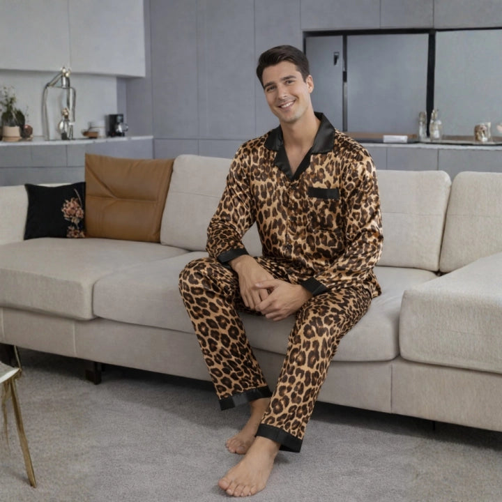Couples Long-Sleeve Leopard Print Pajama Set – Matching Sleepwear Outfit