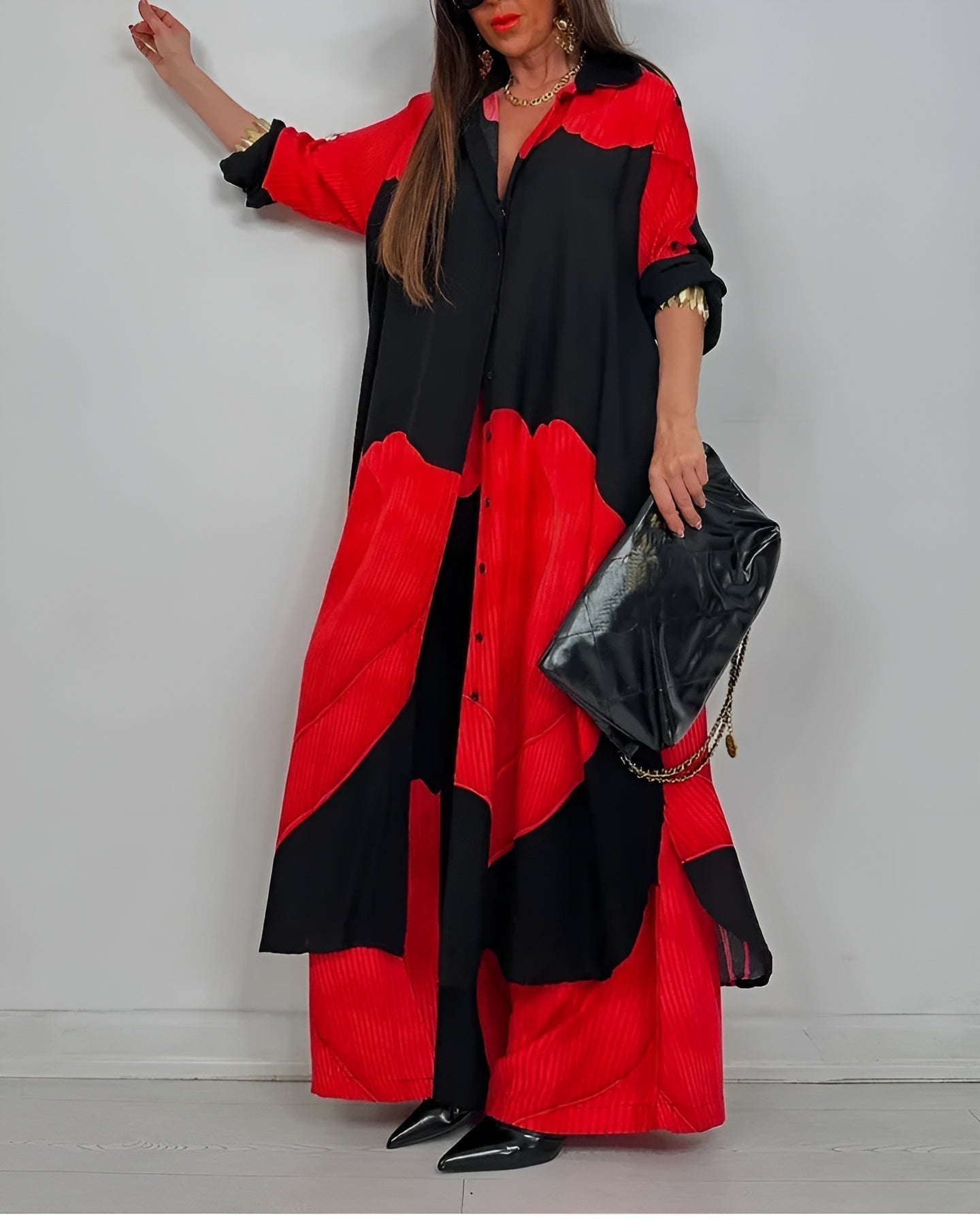 Women's Two-Piece Outfit Set - Button Shirt and Wide Leg Pants Matching Set