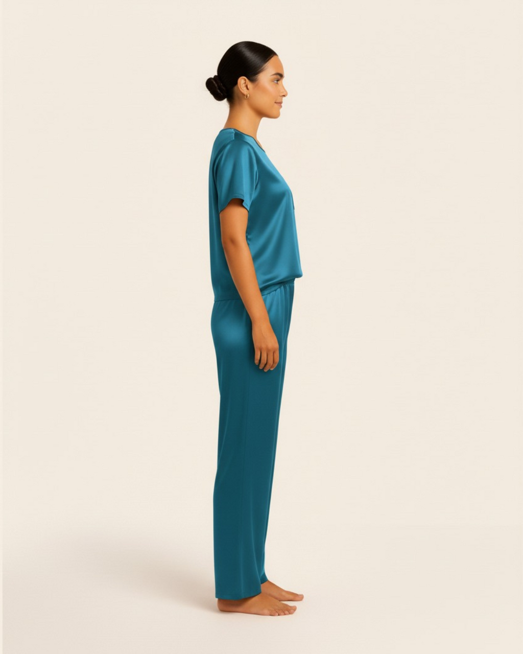 Dames satijnen pyjamaset – Top met korte mouwen en lange broek, zijdezachte pyjamaset