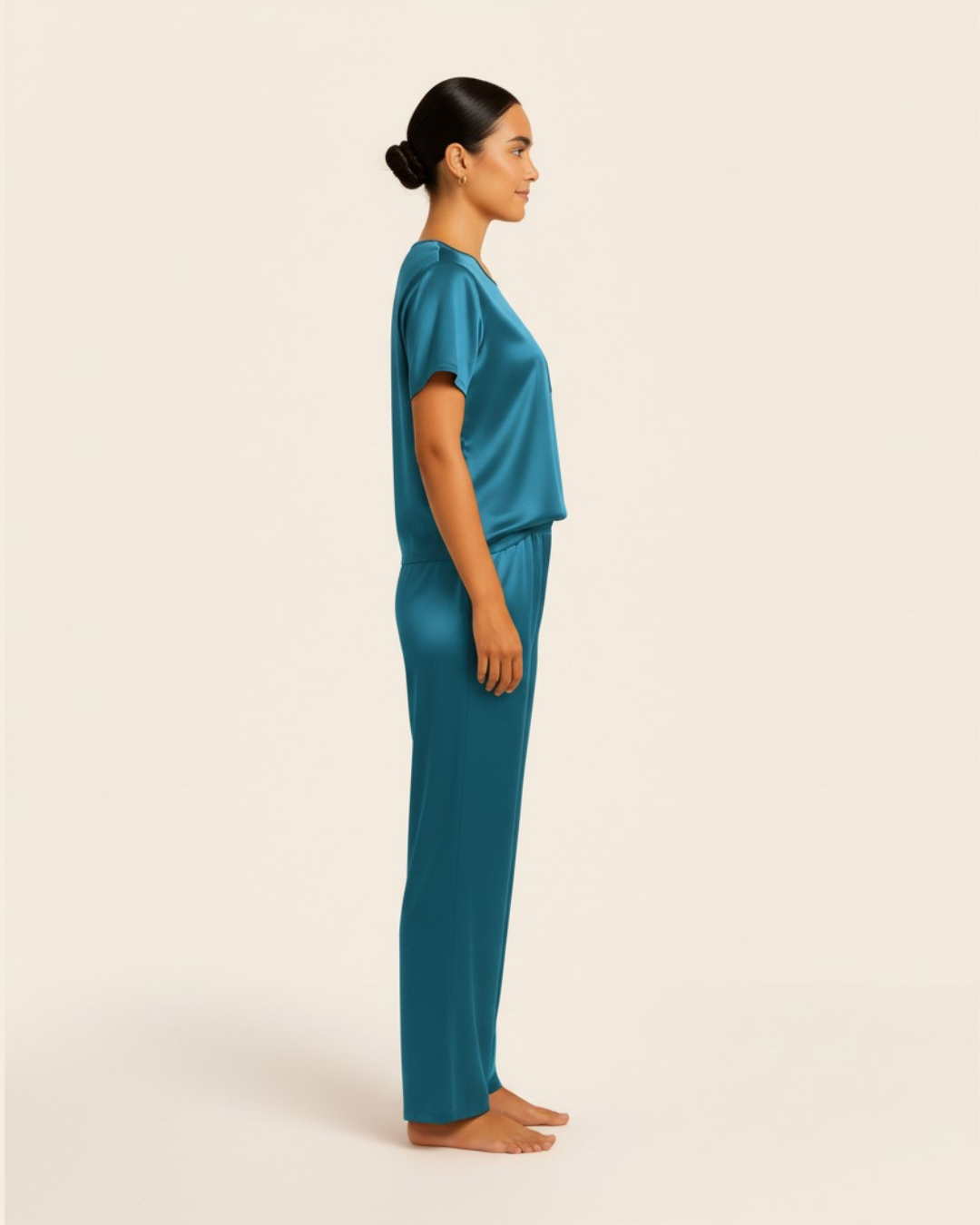 Dames satijnen pyjamaset – Top met korte mouwen en lange broek, zijdezachte pyjamaset
