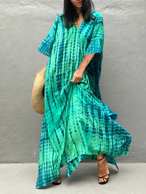 Women's Boho Green Maxi Dress – Relaxed Kaftan-Inspired Summer Dress