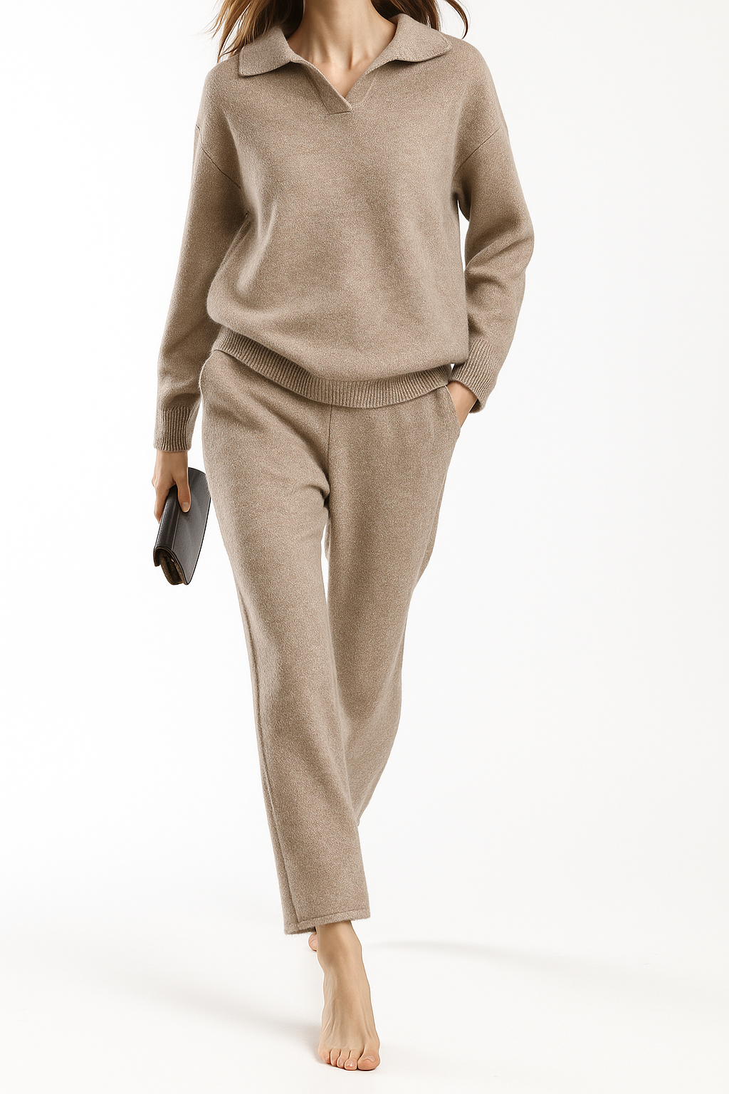 Women’s Polo Knit Set – Casual Relaxed-Fit Sweater and Wide-Leg Pants