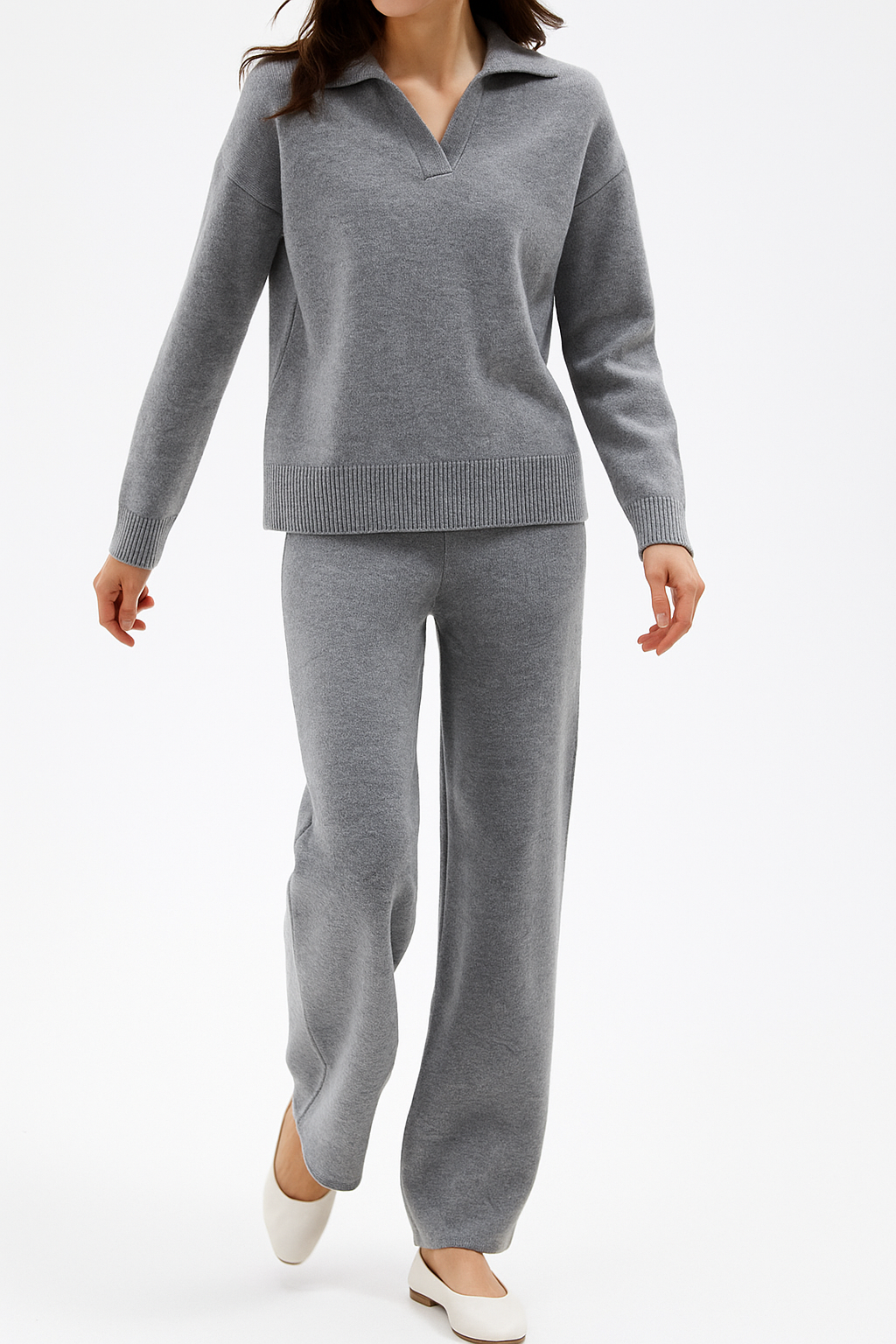 Women’s Polo Knit Set – Casual Relaxed-Fit Sweater and Wide-Leg Pants