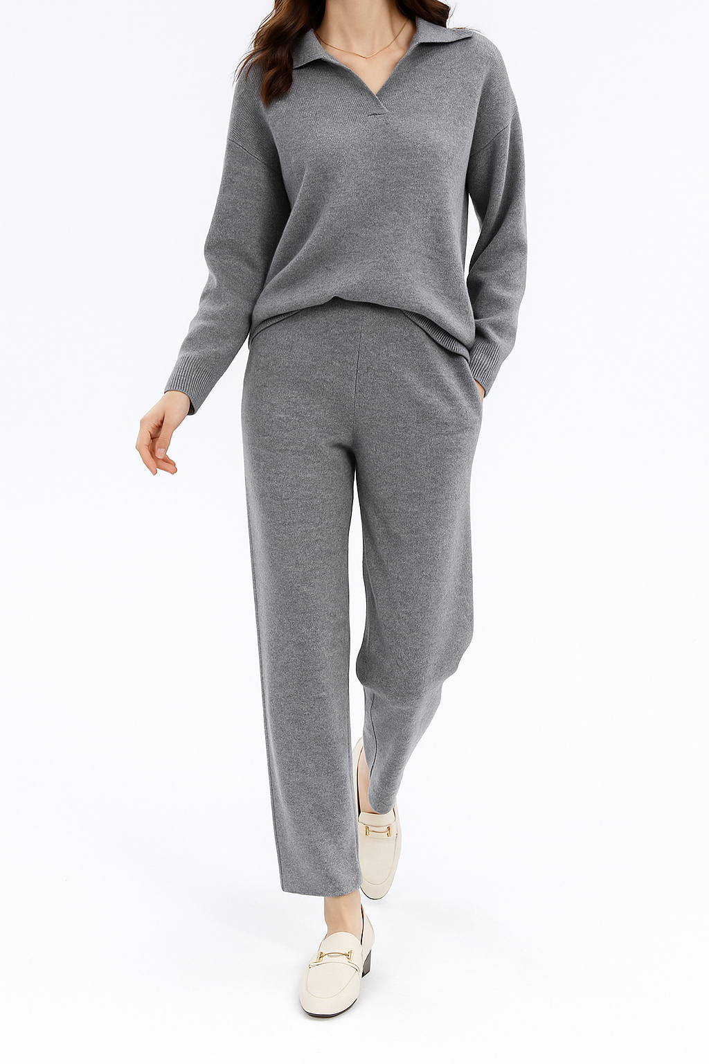 Women’s Polo Knit Set – Casual Relaxed-Fit Sweater and Wide-Leg Pants