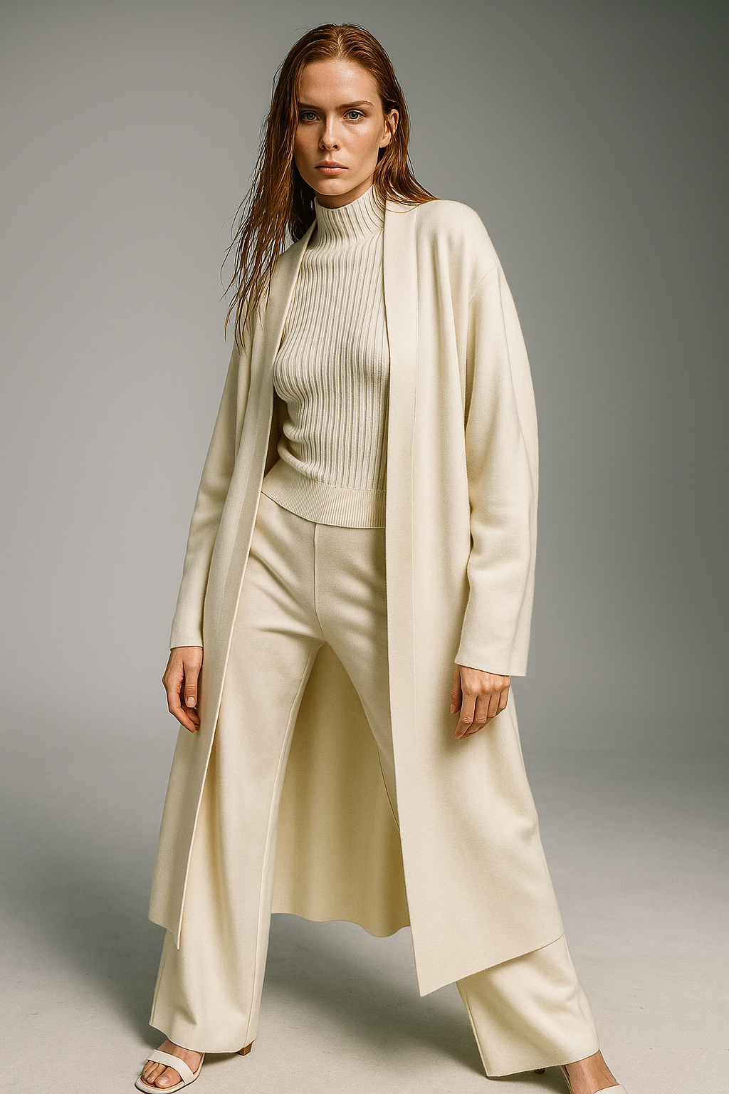 Women’s Elegant Knit 3-Piece Loungewear Set – Vest, Cardigan and Straight-Leg Pants