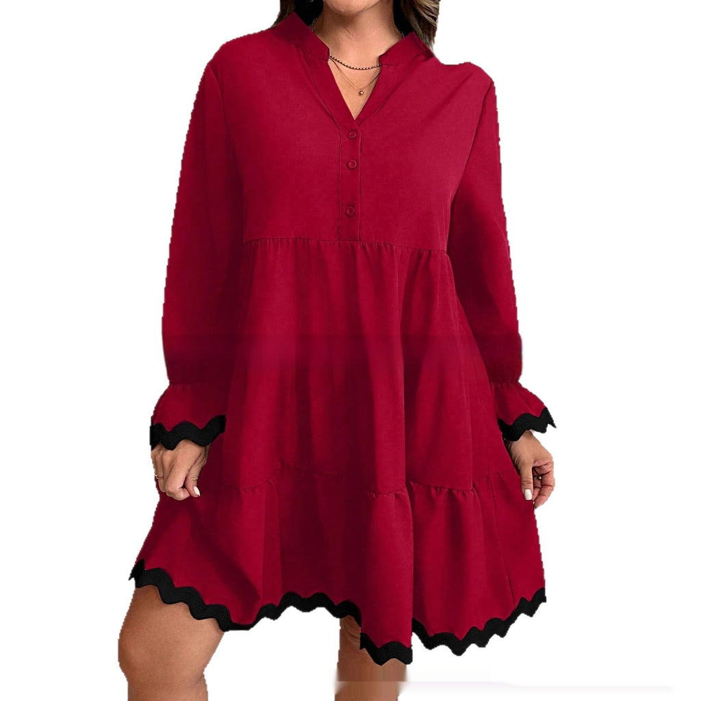 Women's Spliced V-Neck Midi Dress - Relaxed Long Sleeve Everyday Style