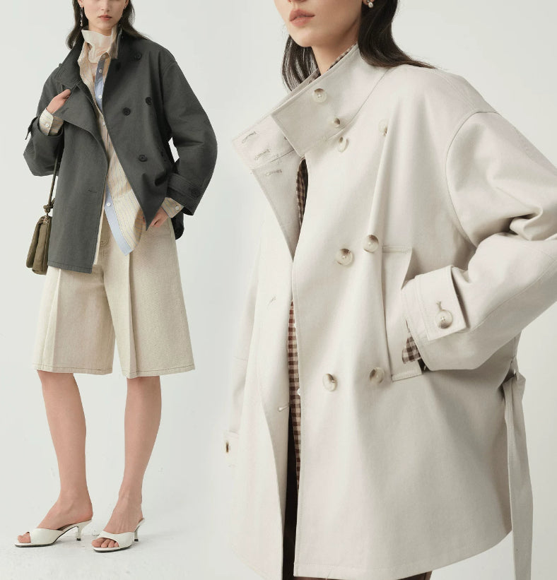 Women’s Double-Breasted Stand Collar Jacket – Tailored Petite Designer Style